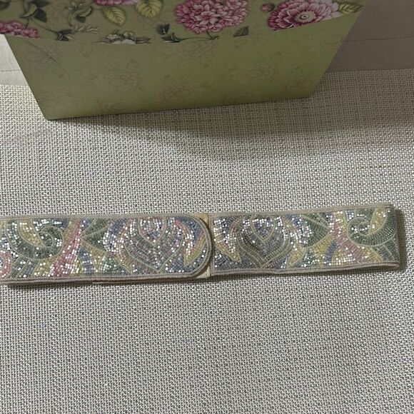 Vintage S Ivory Pink Green Yellow Blue Beaded Pastel Colored Wide Velcro Belt main image 11